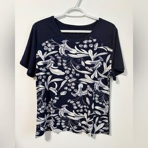 Navy and White Floral Patterned Top T-Shirt Paisley Lagenlook Rhinestones Size M